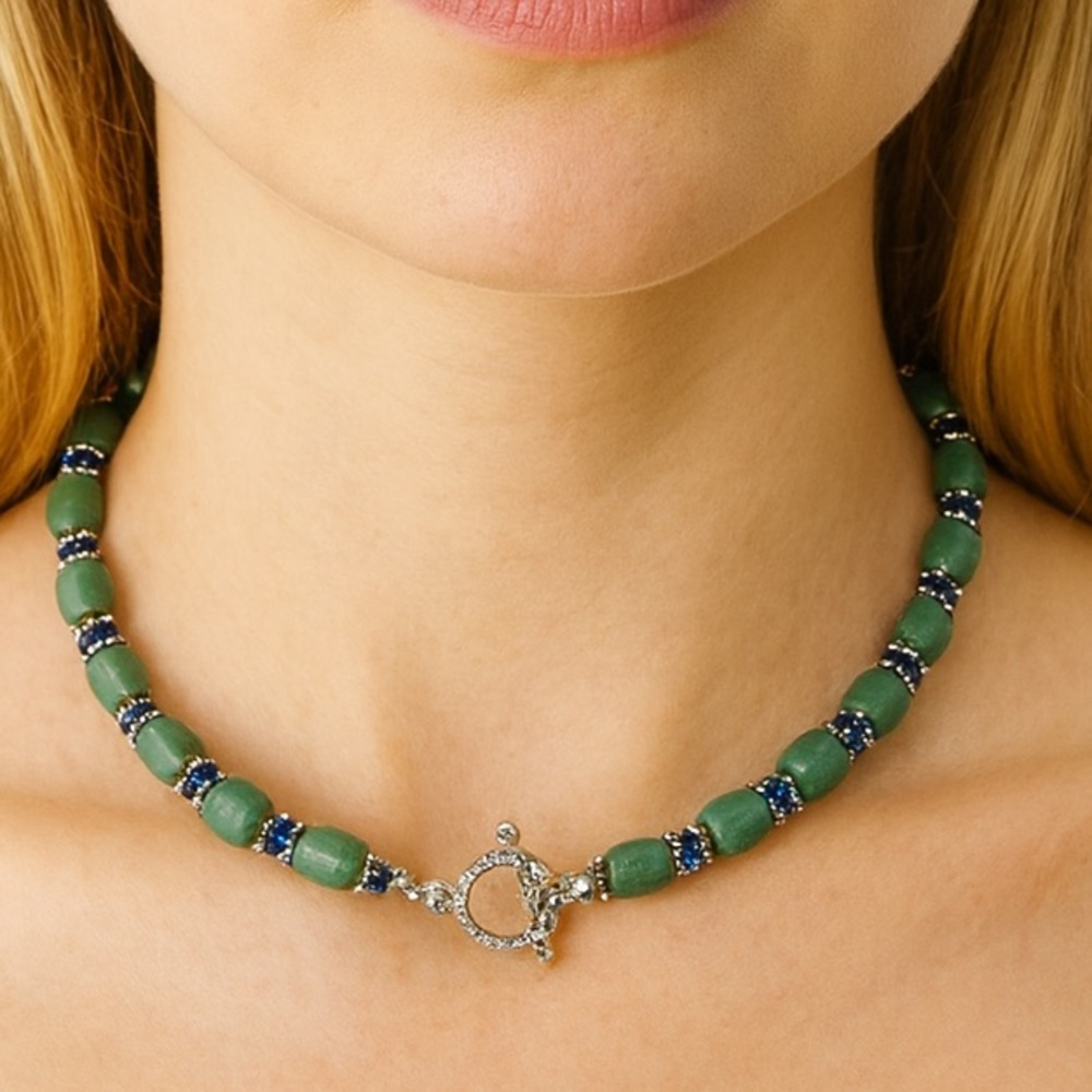 925 Sterling Silver Mint Green Agate Blue Crystal Beaded Choker Necklace NEW